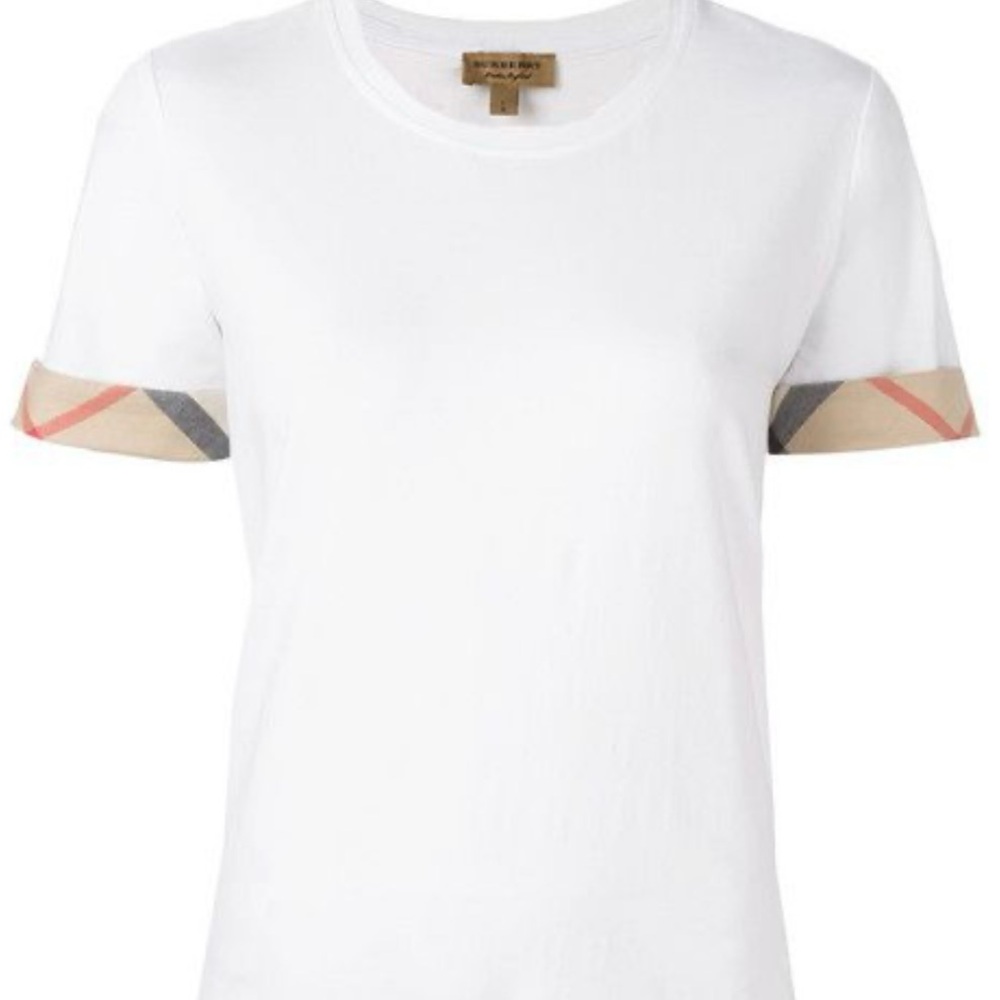 Burberry White Tee with Iconic Patterned Sleeves